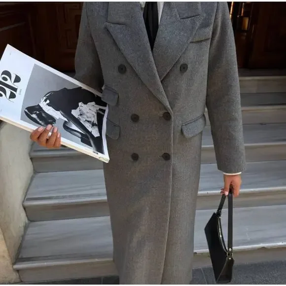 Gray Long Coat Premium Cotton Blend Elegant Women Coat - Picture 2 of 9